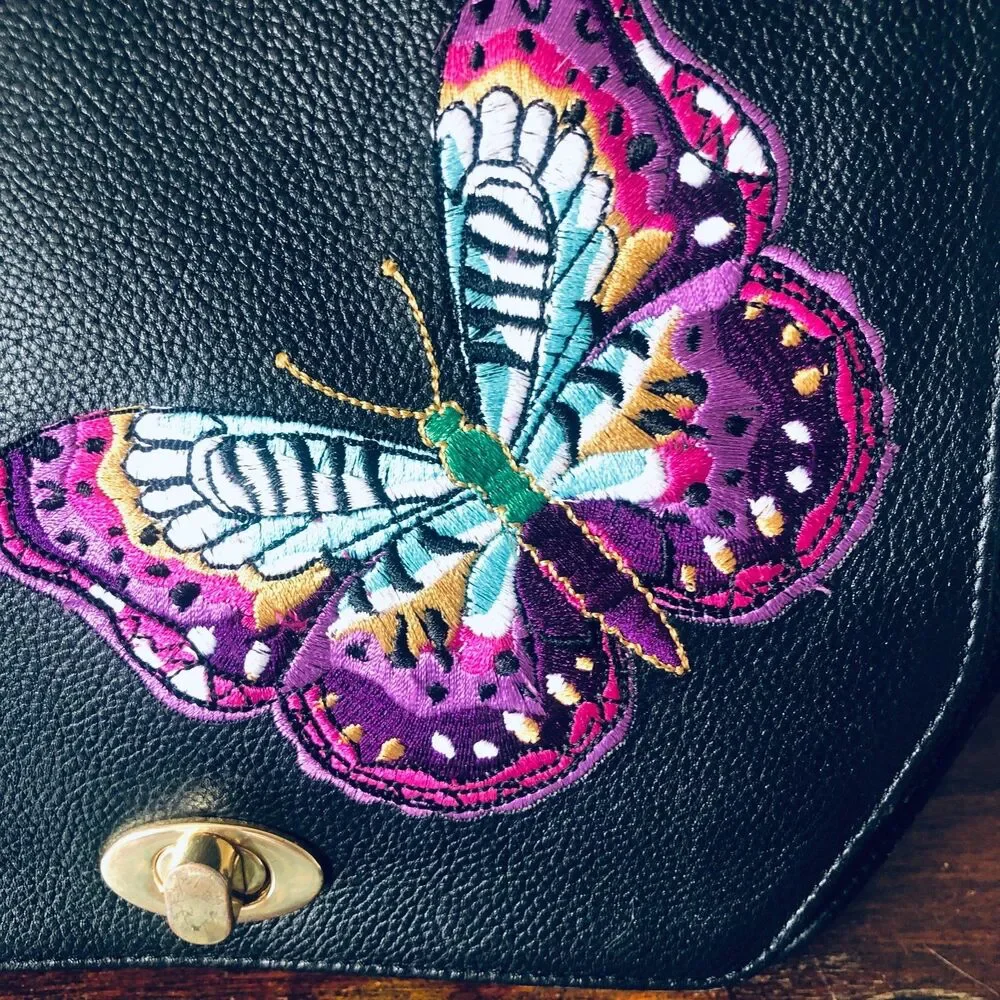 Anuschka Embroidered Leather Flap Turn-Lock Satchel Magical Wings Blk Butterfly